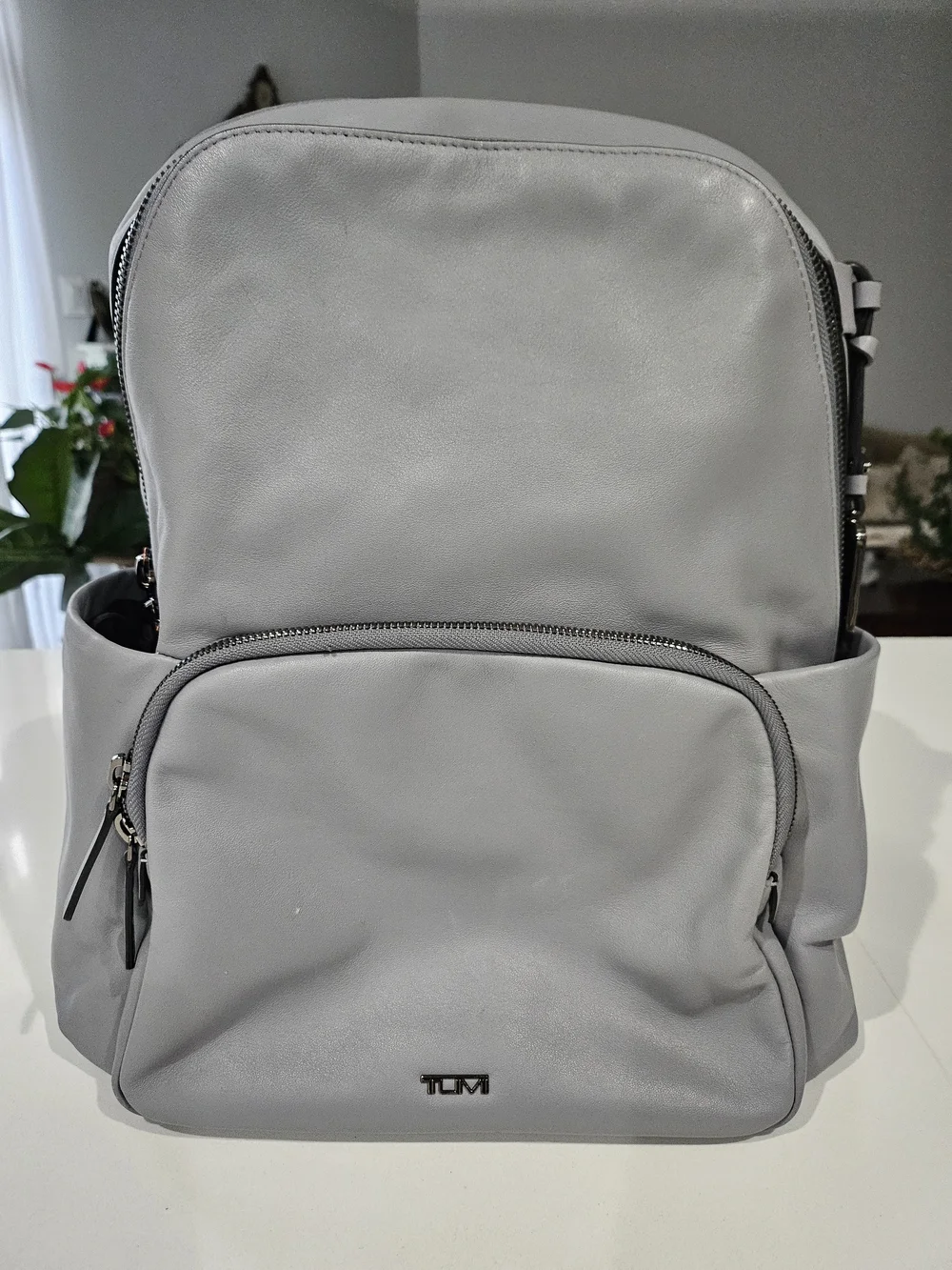 Tumi Light Gray Leather Backpack with Front Pocket
